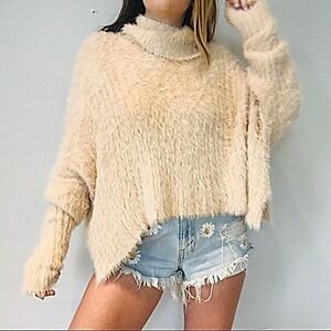 Free People Oversized XS Fuzzy Turtleneck Sweater Asymmetrical Dolman Sleeve